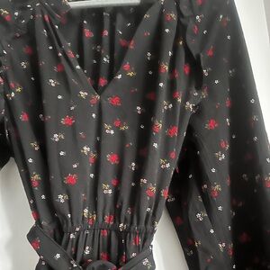 Satin Moody Floral Black Midi Dress, L Petite